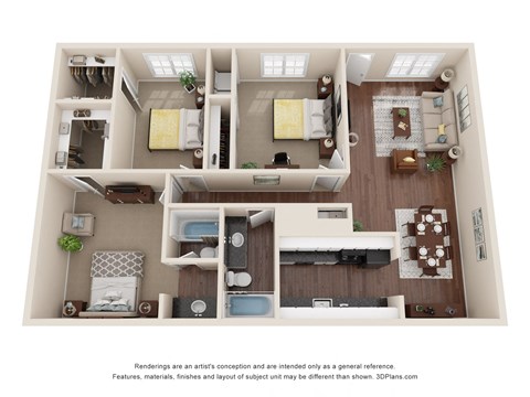 a 3d floor plan of a 1 bedroom apartment